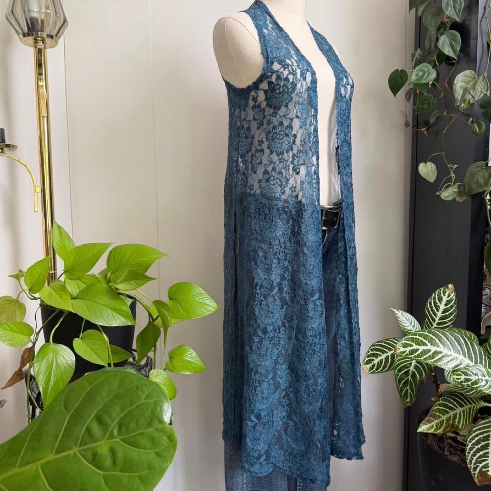 Lularoe Teal Blue Lace Maxi Vest Open Front Side Slit Festival XS Small